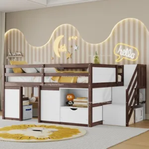 Full Size Solid Wood Low Loft Bed Frame Built-in Stairs Storage Drawer Shelf 7 Colors LED Light Kids Bedroom Furniture JT40