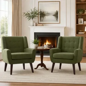 Living Room Accent Chair Set o 2, Upholstered Button Tuted Armchair with Wooden Legs, abric Soa Chairs or Bedroom, Living Room,