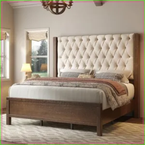 King Size Solid Wood Bed Frame with Wingback Headboard, Walnut Farmhouse Platform Bed