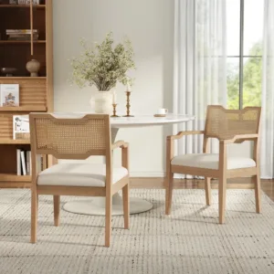 Farmhouse Dining Chairs Set of 2, Upholstered Kitchen Chairs Wooden Side Armchair with rattan Backrest for Dining Room, Restaur