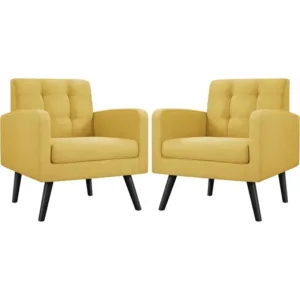 Mid-Century Accent Chairs, Modern Upholstered Living Room Chair, Cozy Armchair Button Tufted Back and Wood Legs for