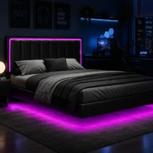 Queen Size Floating Bed Frame with LED Lights, Upholstered Platform Bed with Headboard, 11 in Storage Clearance, Solid