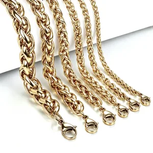 3/4/5/6/8MM Men's PVD Gold Plated Stainless Steel Twisted Rope Chain Necklace, Waterproof Solid Link Chain Fashion Neck Jewelry