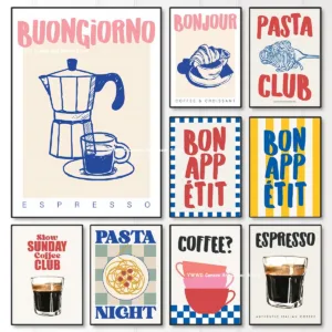 Bon Appetit Typesetting Kitchen Canvas Printing Moka Pot Espresso Art Poster for Modern Living Room Dining Room Home Decor Gift