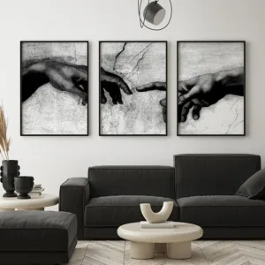 3 Pieces Creation Of Adam Hands Canvas Wall Art Black White Vintage Fresco Print For Living Room Decor