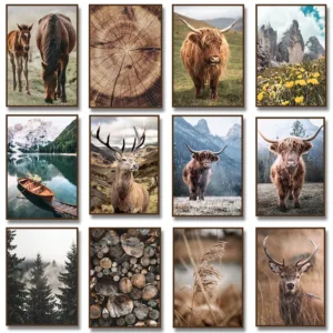 Nature Highland Cow Deer Wood Log Pile Horse Lake Photography Canvas Painting Print Landscape Poster for Living Room Home Decor
