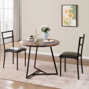Dining Table Set for 2, Round Kitchen Table and PU Padded Chairs, 3 Piece Dining Room Table Set,Coffee Table and Chair Round Office Conference Reception Coffee Table for Kitchen