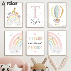 Sun Rainbow Canvas Poster Custom Name Print Picture Pink Art Painting Giraffe Posters Nursery Wall Pictures Baby Girl Room Decor