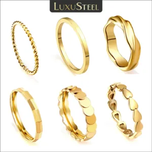 LUXUSTEEL Stainless Steel Women Rings Simple Twist Rope Coin Heart Round Texture Waterproof Finger Bands Ring Wedding Jewelry