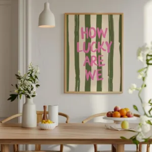 How Lucky Are We Print,Typography Wall Art,Retro Striped Poster,Cute Aesthetic Positive Quote,Romantic Bedroom Wall Decoration