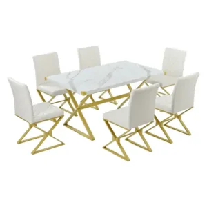 Indoor White 7-Piece Modern Dining Table Set, Rectangular Marble Kitchen Table And 6 PU Leather Chairs, For Indoor Restaurant