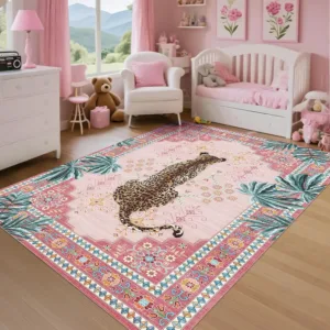 Bohemian Leopard Print Area Rug, Pink Base with Tropical Palm Leaf & Floral Border Non-Slip Floor Mat for Kids Bedroom Nursery