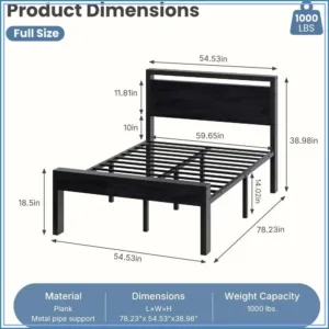 14 Inch Full Size Bed Frame with Wood Headboard, Black Metal Platform