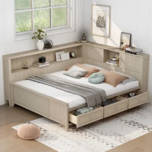 Full Size Wood Day Bed with Storage Drawers, Farmhouse Daybed with Shelves, Storage Headboard and Sliding Doors, L