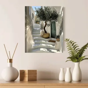 1PC-Canvas poster Unframed Mediterranean Courtyard Olive Tree White Steps Doorway Art Print summer