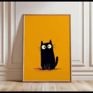 Black Cat Poster Cute Cat Wall Art Print Bold Orange Background Funny Minimalist Cat Illustration Quirky Animal Decor for Cat Lo