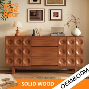 Retro Mid-century Solid Wood Sideboard, 3D Circle Embossed Panels, Closed Drawer Storage for Bedroom Living Room Entryway