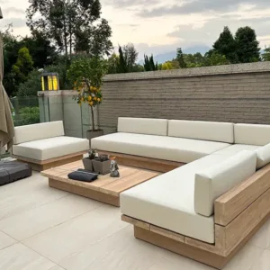 Stylish Minimalist Nordic L Shaped Teak Rattan Sofa Set Sun Resistant Outdoor Furniture For Villa Hotel Courtyard Decor