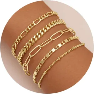 Gold Bracelets Set for Women,14K Gold Plated Dainty Gold Link Chain Bracelets Trendy Stackable Gold Cuff Bracelets Jewelry Gifts