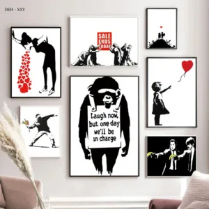 (2D Canvas Painting) Banksy Artwork Canvas Paintings Peace and Love Theme Posters Black White Pictures for Modern Home Livin