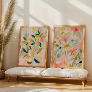 2pcs/Set Soft Pink Peach Blossom Printed Beige Leaf Modern Plant Canvas Poster Canvas Home Decoration Living Room Bedroom Office