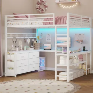 Loft Bed Full Size with U-Shaped Desk, 6 Storage Drawers,White | Metal Loft Bed with Power Outlet, LED Light, 2, Customized