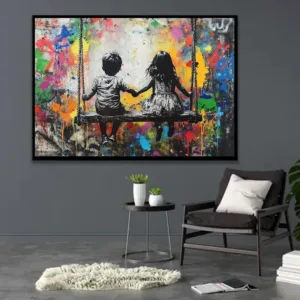 Banksy Kids on a Swing Grafitti Street Artwork, Banksy Balloon Grafitti Art Canvas, Love Wall Art for Living Room Home Decor