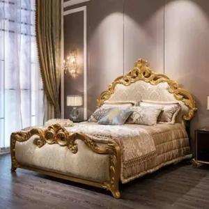 !@High-end Solid Wood Bedroom Furniture Classical Design Gold Foil Luxury king Size Beds
