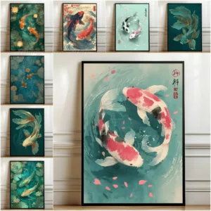 Yin Yang Koi Poster, Koi Fish Wall Art Print Japanese Wave Painting, Sakura Decor, Traditional Asian Art, Zen Home Decor