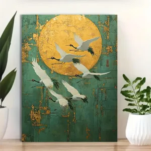 Abstract Red-crowned Cranes and Golden Moon Poster Prints Japan Art Canvas Painting Wall Art Picture for Living Room Home Decor