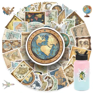 50Pcs Vintage World Map Travel Stickers Graffiti Camping Decals Decoration DIY Laptop Luggage Scrapbook Skateboard Stickers