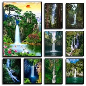 Stunning Waterfall Landscape Canvas Painting Green Nature Scenery Wall Art for Living Room Modern Home Decor Posters Prints