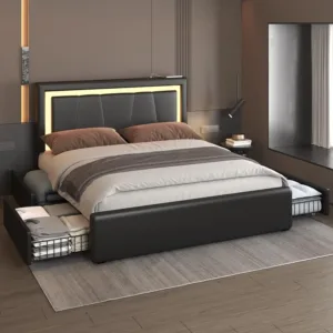 Full Bed Frame with 4 Storage Drawers and Adjustable Headboard, Upholstered Platform Bed with LED Lights and USB, Customized