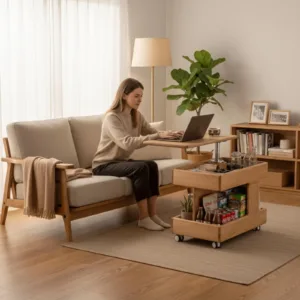 Small Lift Top Coffee Table with Wheels, Solid Wood Table with Storage