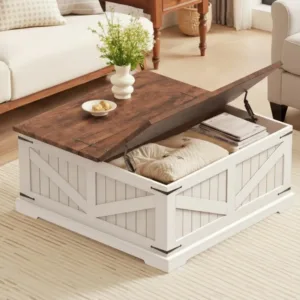 Farmhouse Coffee Table with Storage, 32" Square Wood Center Table with Dual Flip-Top Lids, Hidden Storage Compartment and Arc Ba