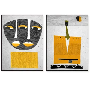 African tribal art 3-piece set, black and white yellow African masks, African American art prints, modern minimalist posters, et