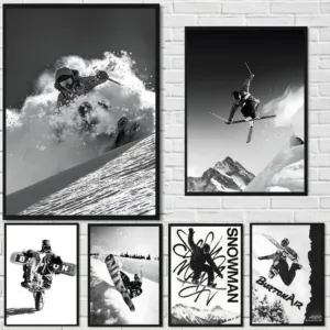 Black White Vintage Ski Photo Art People Skiing Jumping Snow Mountain Fashion Poster Canvas Wall Art for Living Room Home Dec
