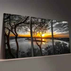 3Modern Sunset Natural Scenery Framed Canvas Wall Art - Triple Sunset Hometown Scenery, In Warm Gold and Tones, High