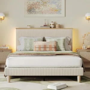 Queen Bed Frame with Storage Headboard & LED, Upholstered, Beige, Customized