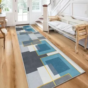 VIKAMA Blue Grey Geometric Runner Rug Non Skid Washable Hallway Carpet Modern Luxury Style Kitchen Floor Decor Mat