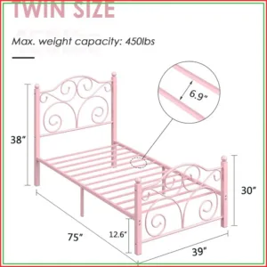 Twin Size Metal Bed Frame with Headboard and Footboard, No Box Spring Needed, Pink