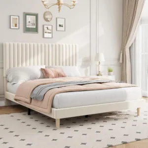 Twin Full Queen King Velvet Upholstered Bed Frame, Adjustable Channel Tufted Headboard, Wood Slats, 800lb Platform, No Box Spring