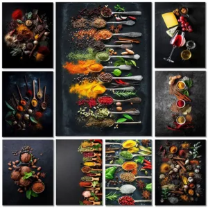 Modern Cooking Herbs Spices Sushi Utensils Spoon Wall Art Picture Canvas Painting Luxury Artwork Poster Print Home Kitchen Decor