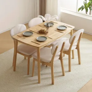 5-Piece Dining Table Set for 4, Solid Wood Frame, Nature | Mid-century modern dining table with chairs, padded seats &, Custom