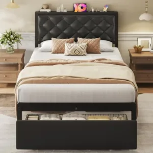 Twin Upholstered Button Tufted Bed Frame with Storage Drawer and Charging Station for Bedroom