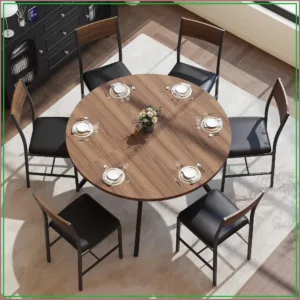 47'' Round Dining Table Set for 6, Kitchen Table & Chairs, Metal Frame, Wood Top, Walnut