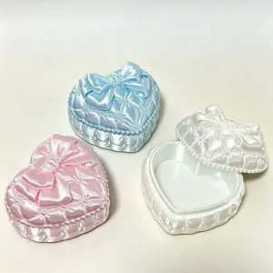 Silk Heart Shaped Jewelry Box with Elegant Bowknot Decorative Trinket Storage Case for Bedroom Vanity Table Decoration