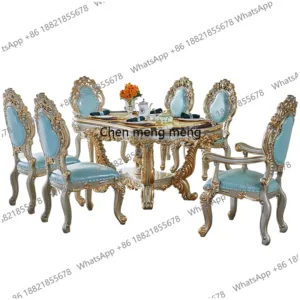 All solid wood 1.8 meters long villa oval luxury champagne gold blue leather dining table and chair combination