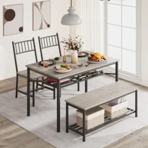 Dining Table Set for 4 with Chairs, Storage Bench & Wine Rack | Rectangular Kitchen & Dining Room Furniture, Sturdy Metal Frame, Compact for Apartments & Small Spaces
