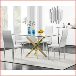5PC Glass Dining Table Set for 4 w/ 4 Chairs Gold Leg